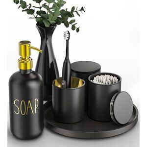 Black Bathroom Accessories Set with Tray 6pcs Matte Black Bathroom Accessory Set